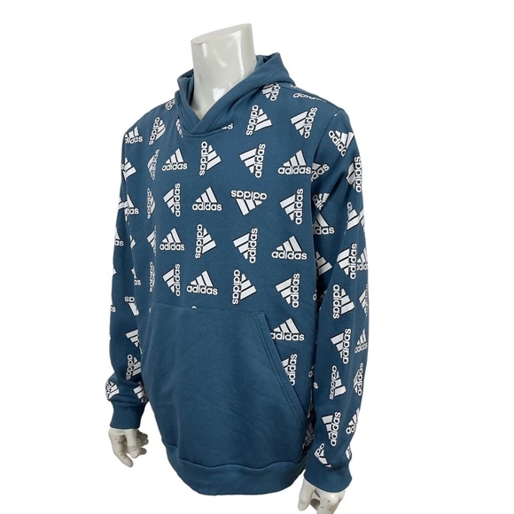 Adidas Teal All Over Logo Hoodie Sweatshirt Pockets Mens 2XL - Picture 1 of 13